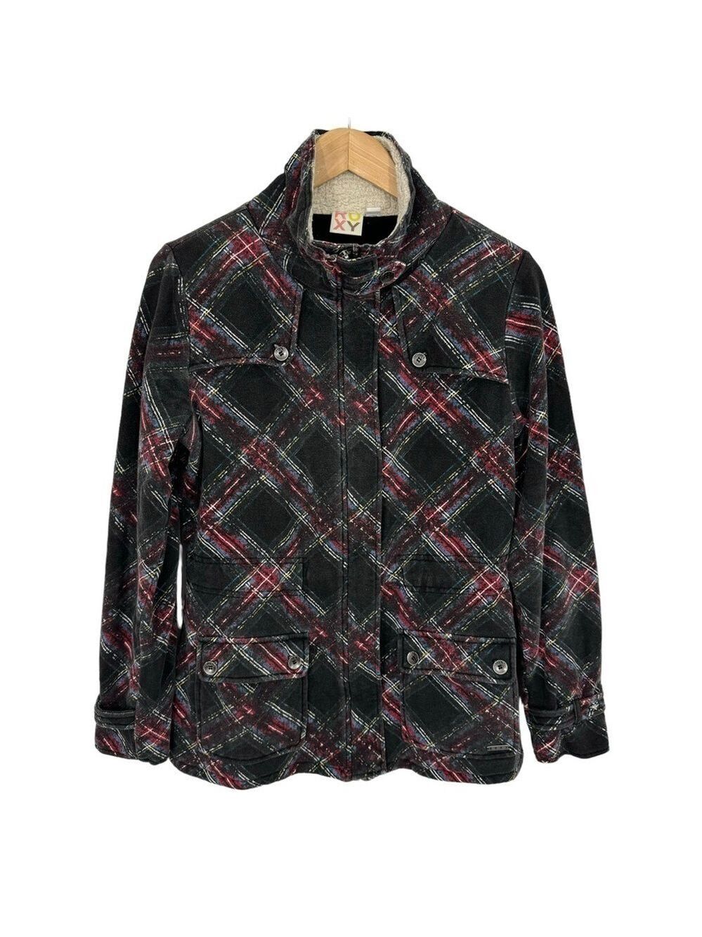 Vintage 2000s Y2k Roxy Zip Up Sweatshirt Jacket Womens L Black Plaid Cozy GUC